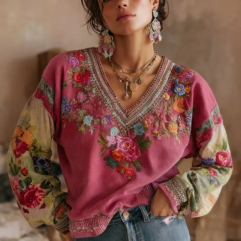 Chemisier ample vintage à imprimé floral, élégant col en V, hauts pour femme, pull d'automne à manches longues, patchwork, Blusas Harajuku Mujer
