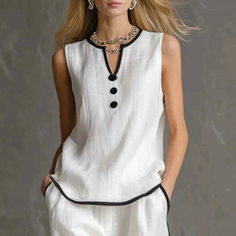 Spring Contrast Trim 2 Piece Sets Woman Elegant V Neck Button Top & Wide Leg Pants Outfits Summer Sleeveless Beach Vacation Suit