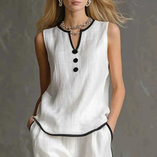 Spring Contrast Trim 2 Piece Sets Woman Elegant V Neck Button Top & Wide Leg Pants Outfits Summer Sleeveless Beach Vacation Suit