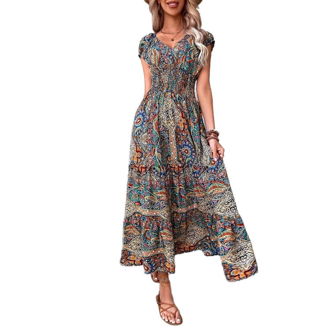 Women's Summer Boho Long Dress Elegant V Neck Short Sleeve Beach Sundress Evening Party Holiday Casual Maxi Dresses Robe Femme