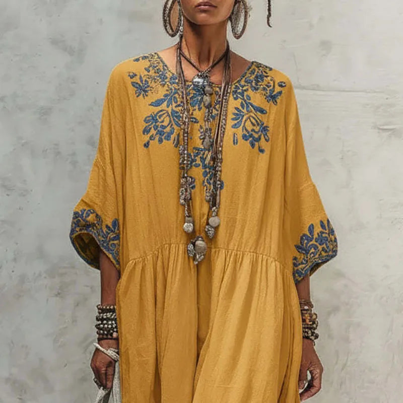 Robe longue trapèze fleurie de printemps bohème pour femme, manches longues, col rond, décontractée, style caftan, nouvelle collection été, vintage, ethnique, pour la plage