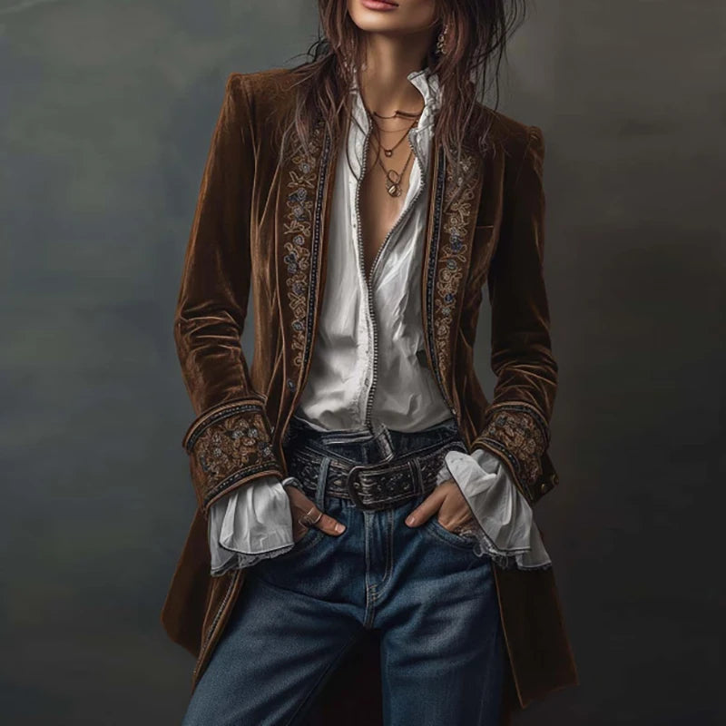 Veste de Blazer Femme en Velours à Imprimé Floral Rétro Ethnique Sexy Col Cranté Slim Manteau Long Manches Longues Automne Hiver