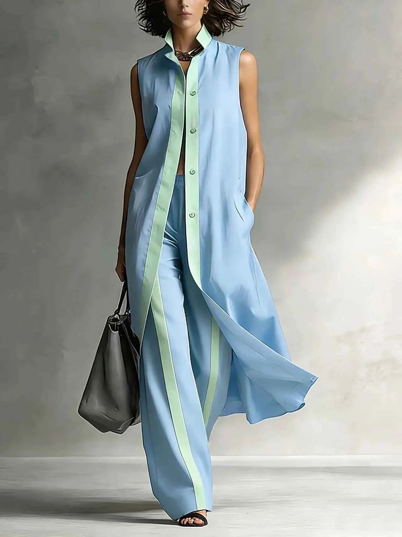 Elegant Lapel Button Shirt and Long Pants Two Piece Set Casual Sleeveless Hollow Holiday Suit Fashion Color Blocked Women Outfit