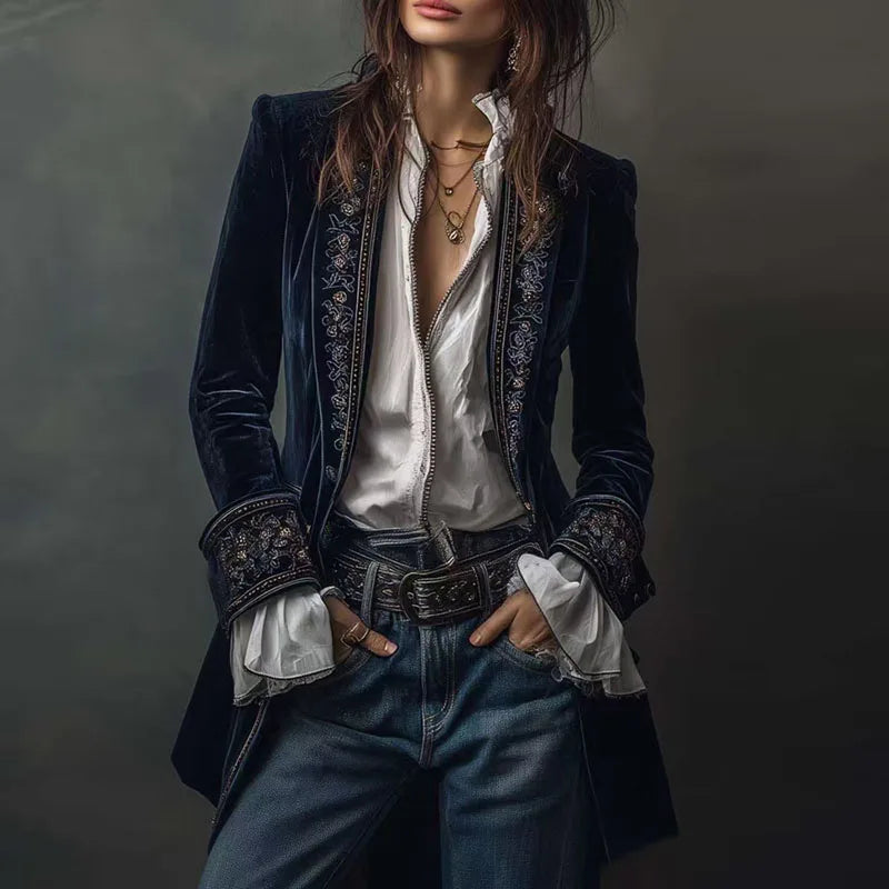 Veste de Blazer Femme en Velours à Imprimé Floral Rétro Ethnique Sexy Col Cranté Slim Manteau Long Manches Longues Automne Hiver
