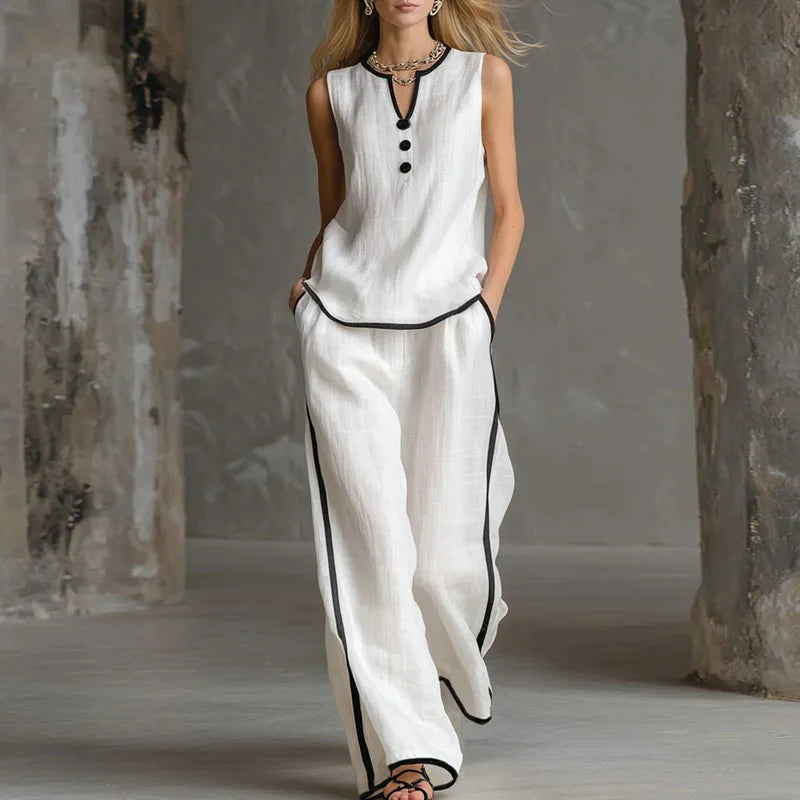 Spring Contrast Trim 2 Piece Sets Woman Elegant V Neck Button Top & Wide Leg Pants Outfits Summer Sleeveless Beach Vacation Suit