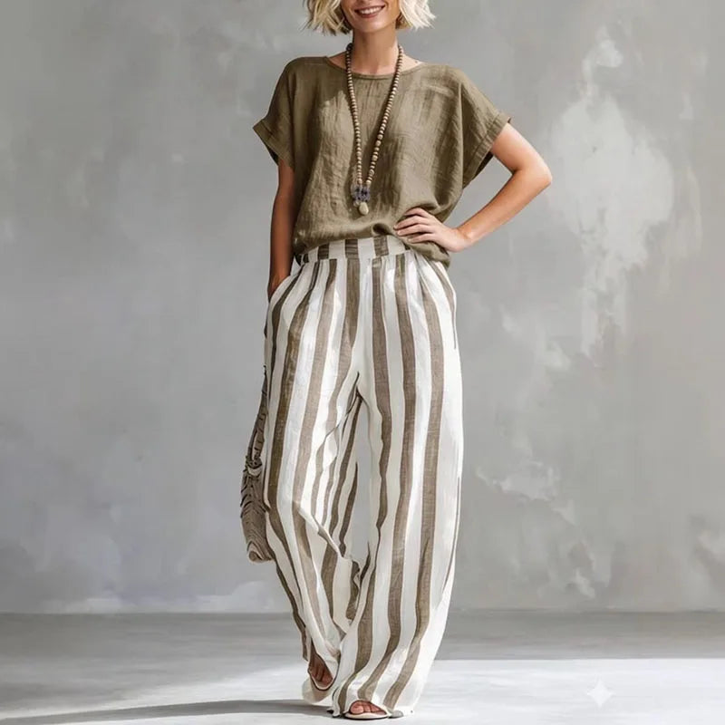 2026 Boho Linen Two Piece Sets Women Casual Short Sleeve Solid Top Striped High Waist Wide Leg Pants Suit Summer Vacation Outfit