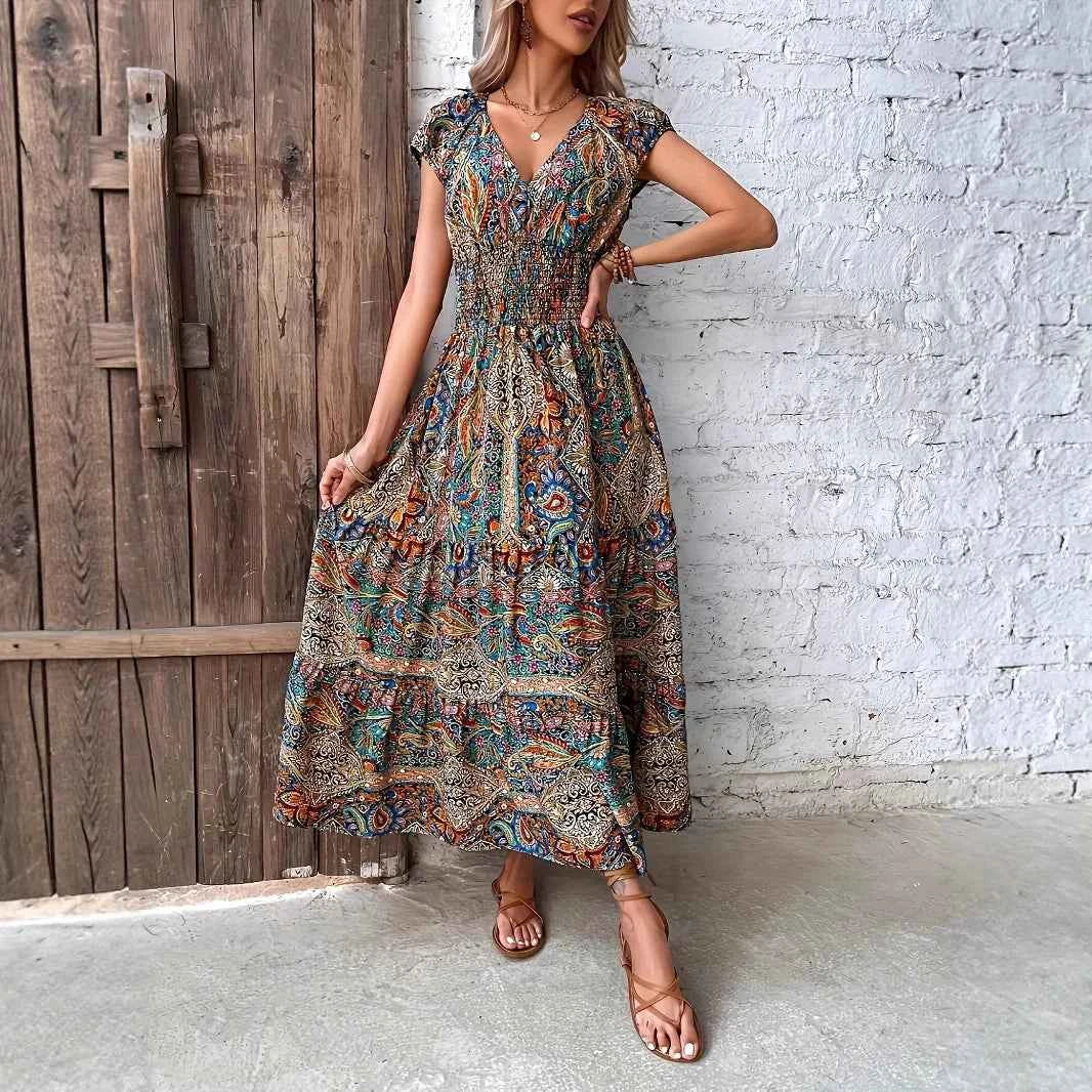 Women's Summer Boho Long Dress Elegant V Neck Short Sleeve Beach Sundress Evening Party Holiday Casual Maxi Dresses Robe Femme