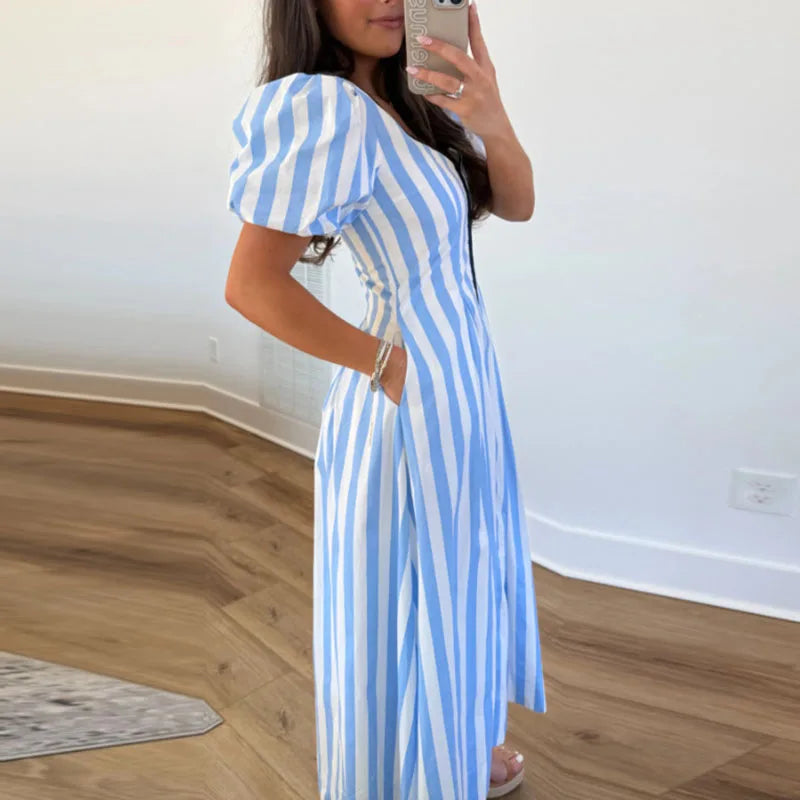 Bohemian Women Striped Print Maxi Dress Square Neck Puff Sleeve Zip Pleated A-Line Dress Casual Summer Pocket Daily Wear Dresses