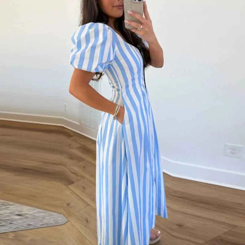 Bohemian Women Striped Print Maxi Dress Square Neck Puff Sleeve Zip Pleated A-Line Dress Casual Summer Pocket Daily Wear Dresses
