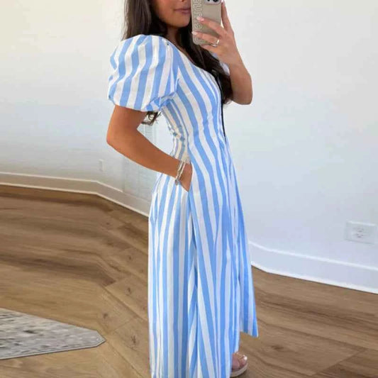 Bohemian Women Striped Print Maxi Dress Square Neck Puff Sleeve Zip Pleated A-Line Dress Casual Summer Pocket Daily Wear Dresses