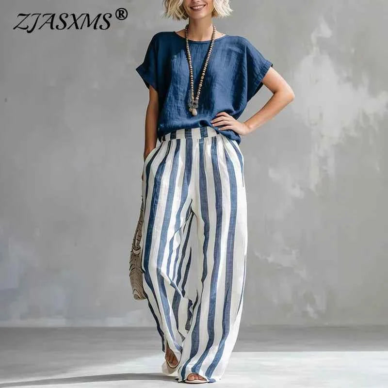 2026 Boho Linen Two Piece Sets Women Casual Short Sleeve Solid Top Striped High Waist Wide Leg Pants Suit Summer Vacation Outfit