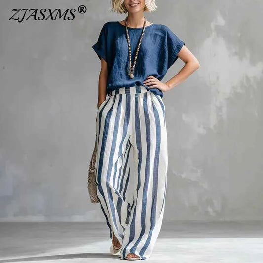 2026 Boho Linen Two Piece Sets Women Casual Short Sleeve Solid Top Striped High Waist Wide Leg Pants Suit Summer Vacation Outfit