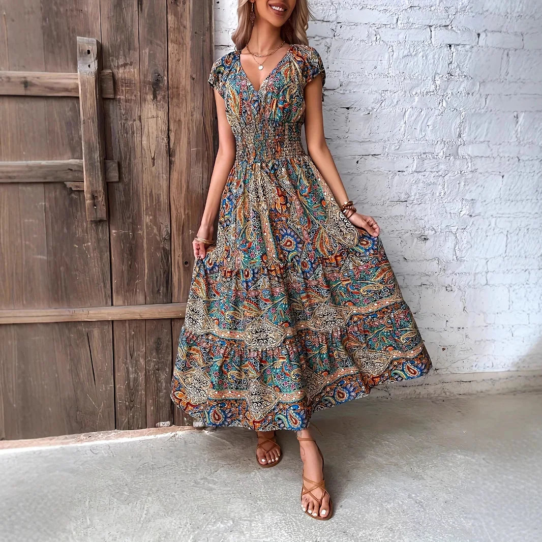Women's Summer Boho Long Dress Elegant V Neck Short Sleeve Beach Sundress Evening Party Holiday Casual Maxi Dresses Robe Femme