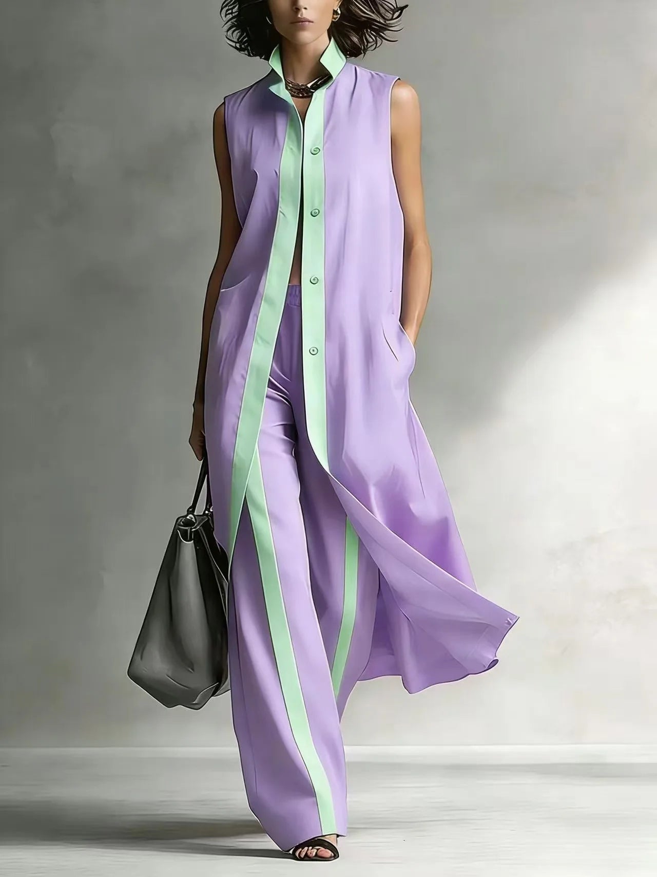 Ensemble deux pièces chemise à revers élégante et pantalon long, costume de vacances décontracté sans manches ajouré, tenue femme tendance color block