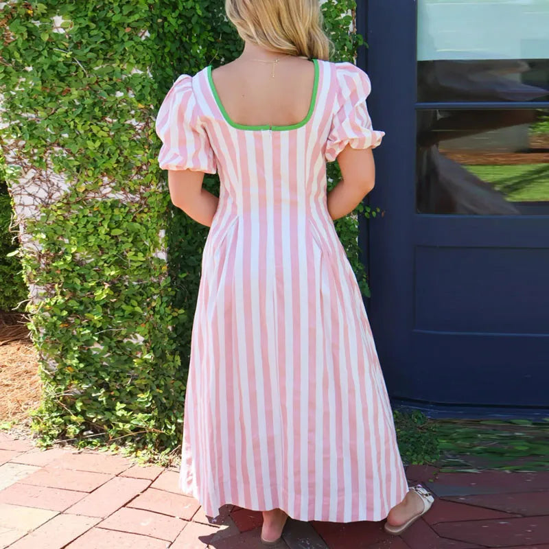 Bohemian Women Striped Print Maxi Dress Square Neck Puff Sleeve Zip Pleated A-Line Dress Casual Summer Pocket Daily Wear Dresses
