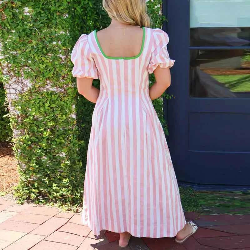 Bohemian Women Striped Print Maxi Dress Square Neck Puff Sleeve Zip Pleated A-Line Dress Casual Summer Pocket Daily Wear Dresses