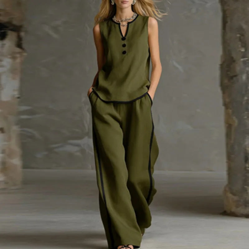 Spring Contrast Trim 2 Piece Sets Woman Elegant V Neck Button Top & Wide Leg Pants Outfits Summer Sleeveless Beach Vacation Suit