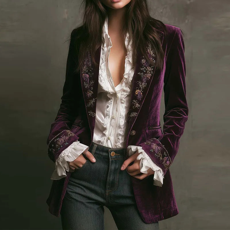 Veste de Blazer Femme en Velours à Imprimé Floral Rétro Ethnique Sexy Col Cranté Slim Manteau Long Manches Longues Automne Hiver