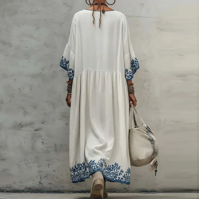 Robe longue trapèze fleurie de printemps bohème pour femme, manches longues, col rond, décontractée, style caftan, nouvelle collection été, vintage, ethnique, pour la plage