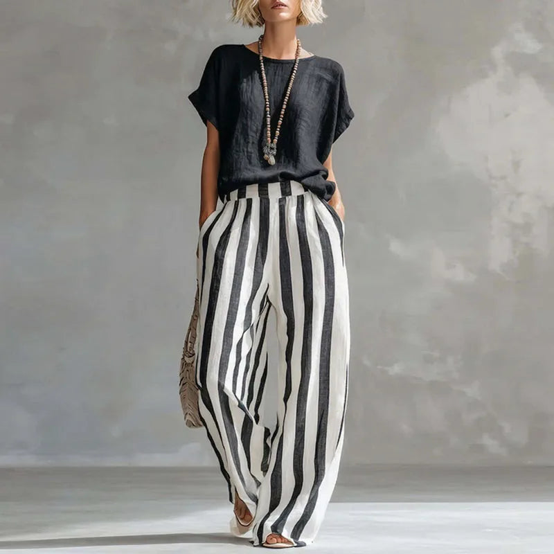 2026 Boho Linen Two Piece Sets Women Casual Short Sleeve Solid Top Striped High Waist Wide Leg Pants Suit Summer Vacation Outfit