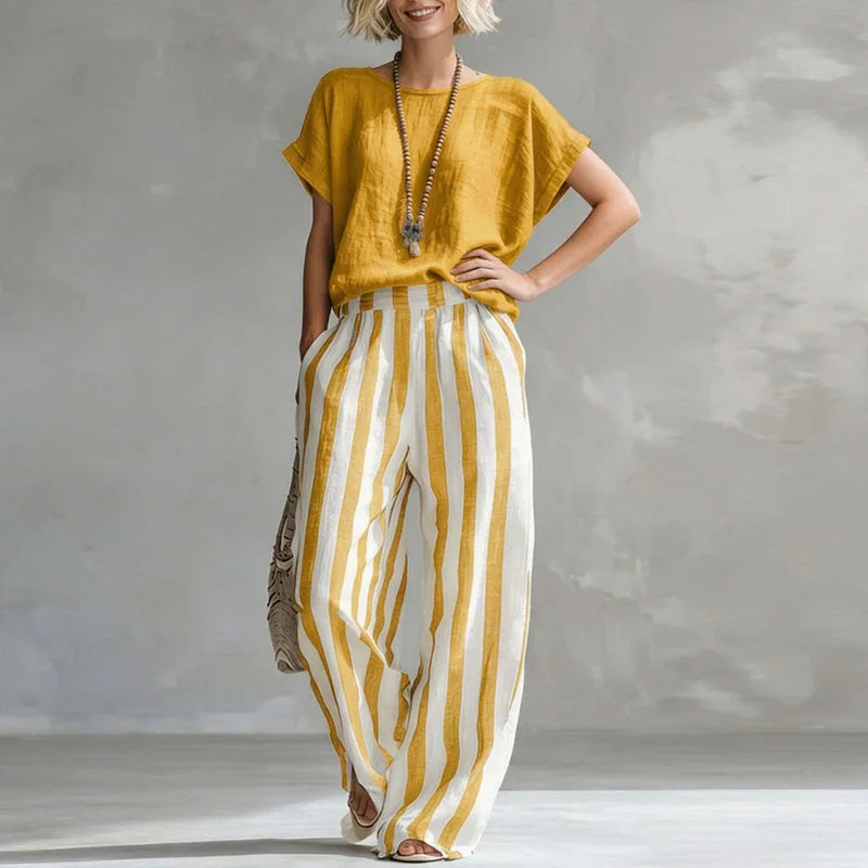 2026 Boho Linen Two Piece Sets Women Casual Short Sleeve Solid Top Striped High Waist Wide Leg Pants Suit Summer Vacation Outfit