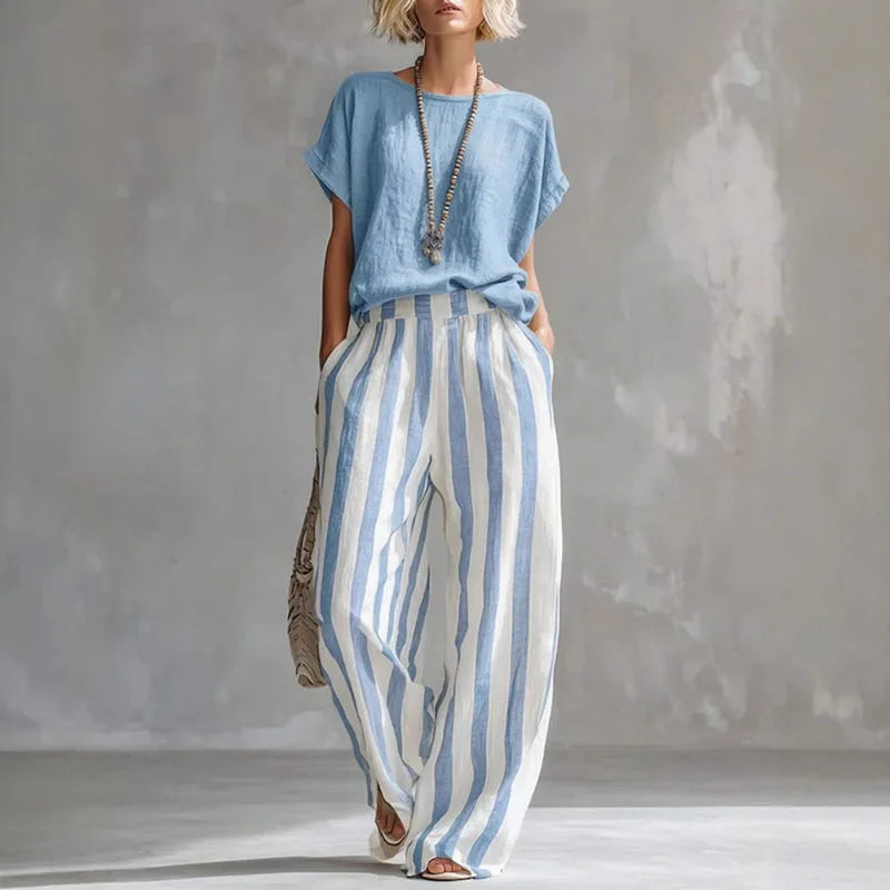 2026 Boho Linen Two Piece Sets Women Casual Short Sleeve Solid Top Striped High Waist Wide Leg Pants Suit Summer Vacation Outfit