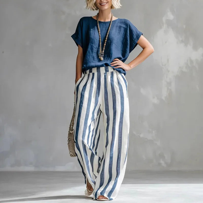 2026 Boho Linen Two Piece Sets Women Casual Short Sleeve Solid Top Striped High Waist Wide Leg Pants Suit Summer Vacation Outfit