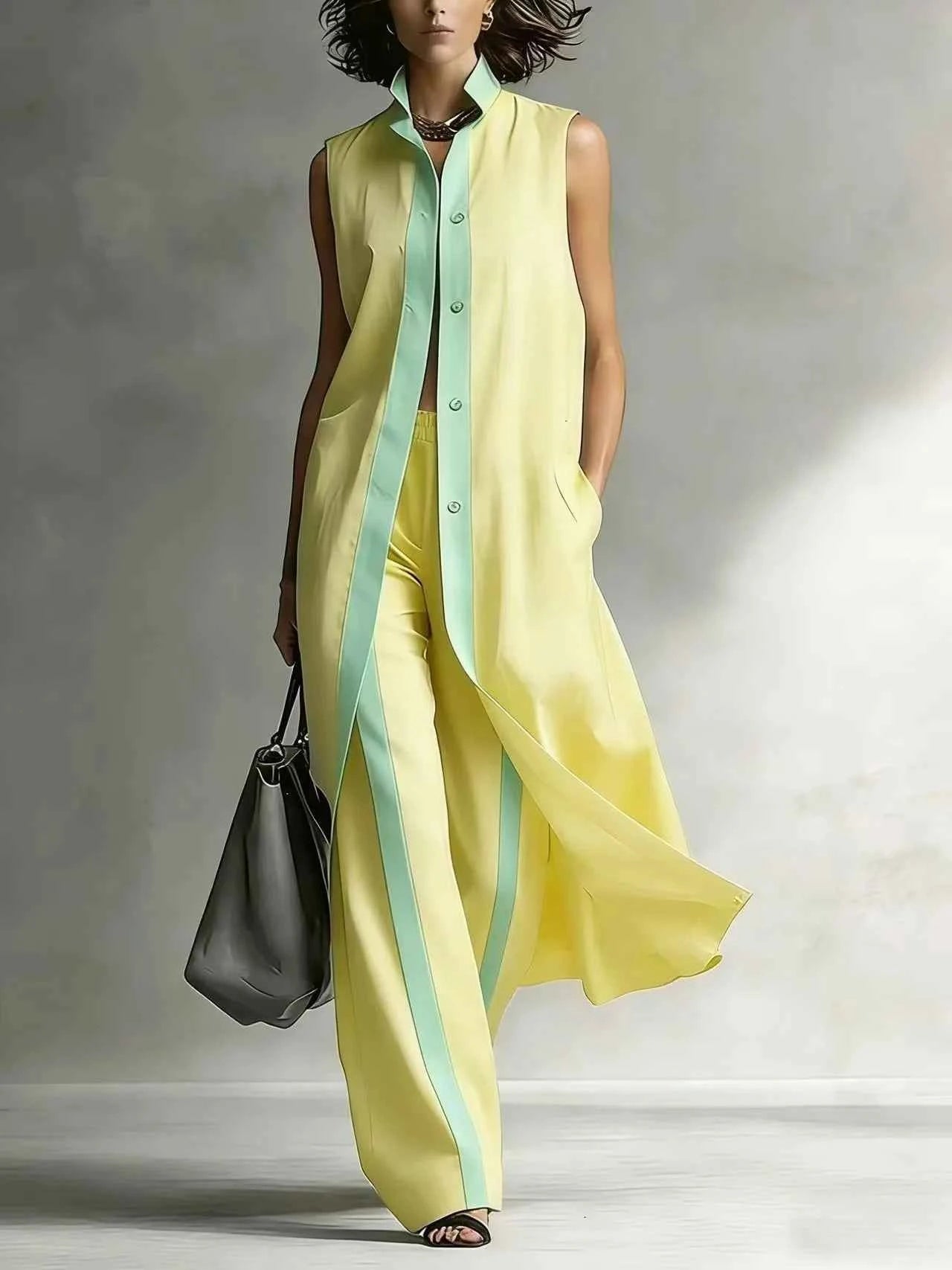Elegant Lapel Button Shirt and Long Pants Two Piece Set Casual Sleeveless Hollow Holiday Suit Fashion Color Blocked Women Outfit