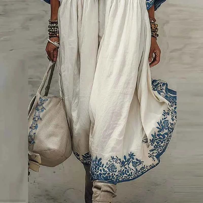 Bohemian Spring Floral Print A-Line Maxi Dress Women Long Sleeve O Neck Casual Kaftan Dress New Summer Vintage Ethnic Beach Robe