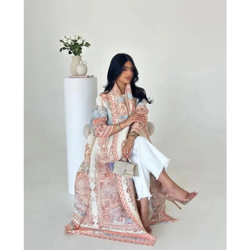 KAF Women Fashion Abaya Vintage Printed Cardigan Design Loose Large Size Elegant Female Luxury Robe Spring Autumn Model