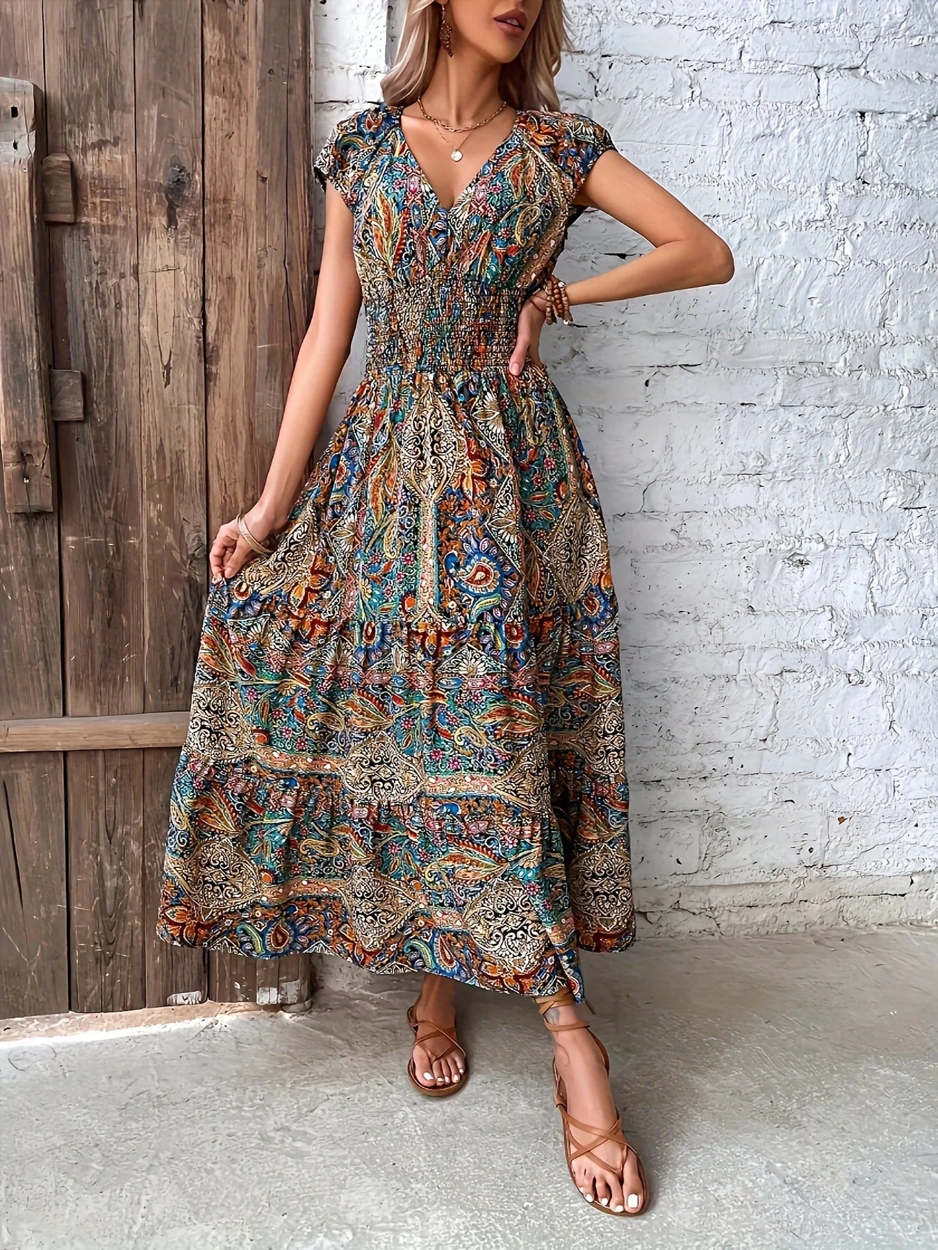 Women's Summer Boho Long Dress Elegant V Neck Short Sleeve Beach Sundress Evening Party Holiday Casual Maxi Dresses Robe Femme