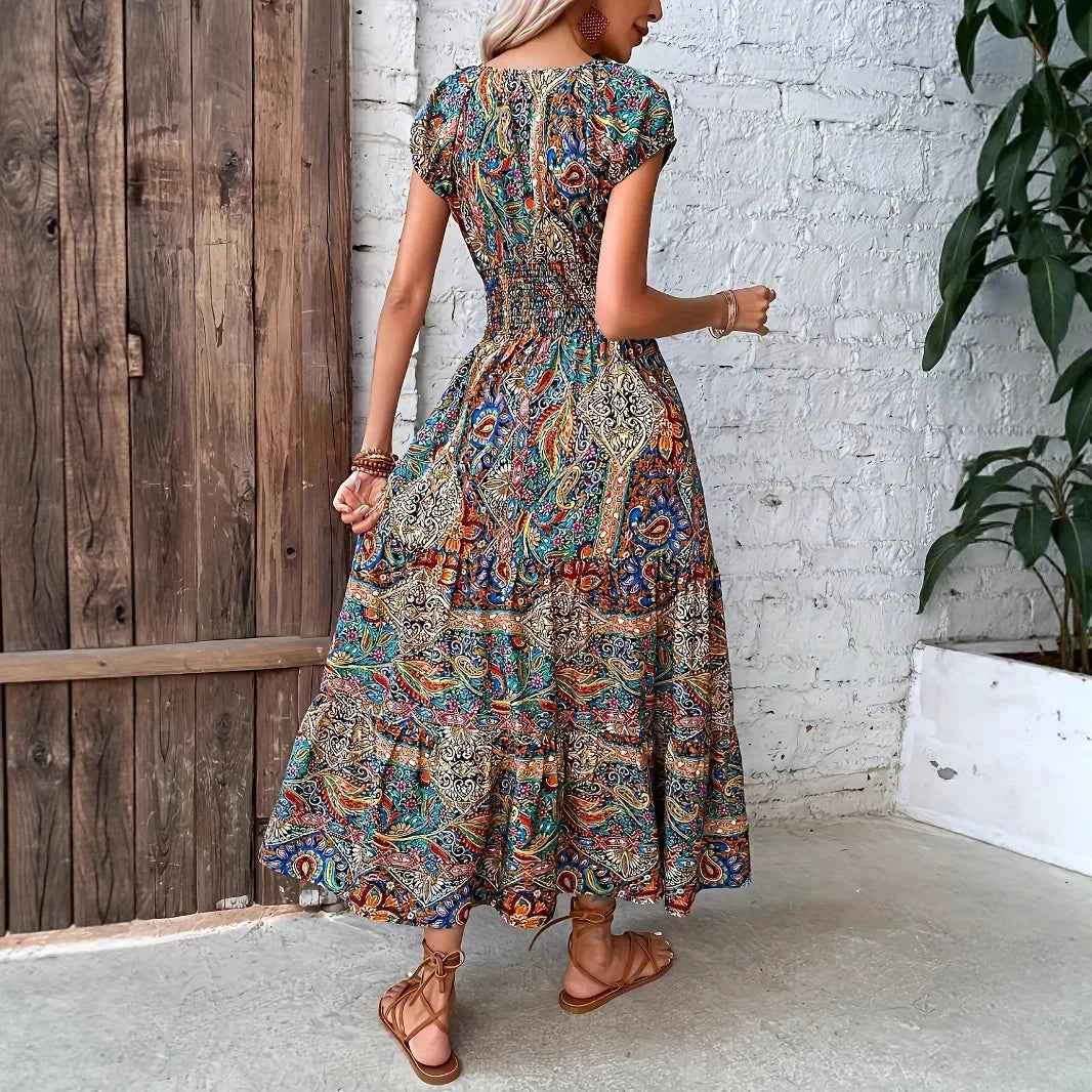 Women's Summer Boho Long Dress Elegant V Neck Short Sleeve Beach Sundress Evening Party Holiday Casual Maxi Dresses Robe Femme