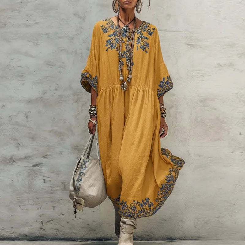 Robe longue trapèze fleurie de printemps bohème pour femme, manches longues, col rond, décontractée, style caftan, nouvelle collection été, vintage, ethnique, pour la plage