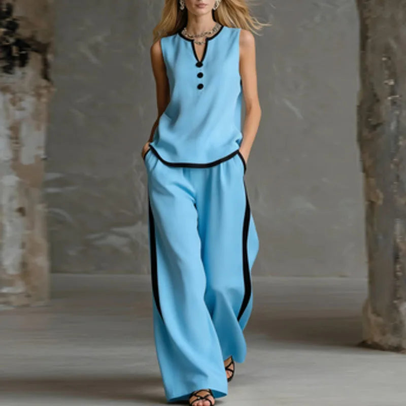 Spring Contrast Trim 2 Piece Sets Woman Elegant V Neck Button Top & Wide Leg Pants Outfits Summer Sleeveless Beach Vacation Suit