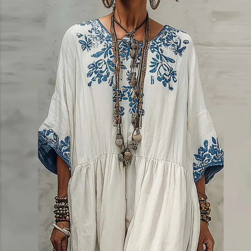 Robe longue trapèze fleurie de printemps bohème pour femme, manches longues, col rond, décontractée, style caftan, nouvelle collection été, vintage, ethnique, pour la plage