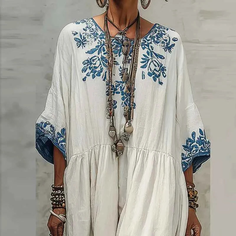 Bohemian Spring Floral Print A-Line Maxi Dress Women Long Sleeve O Neck Casual Kaftan Dress New Summer Vintage Ethnic Beach Robe