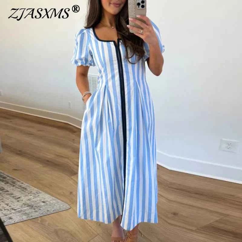 Bohemian Women Striped Print Maxi Dress Square Neck Puff Sleeve Zip Pleated A-Line Dress Casual Summer Pocket Daily Wear Dresses