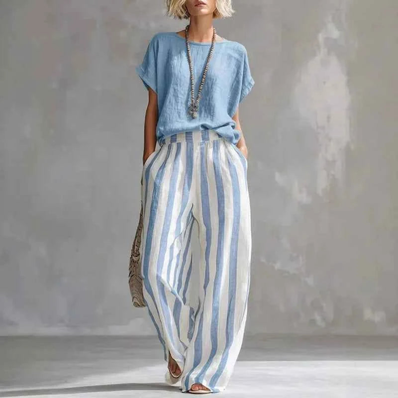2026 Boho Linen Two Piece Sets Women Casual Short Sleeve Solid Top Striped High Waist Wide Leg Pants Suit Summer Vacation Outfit