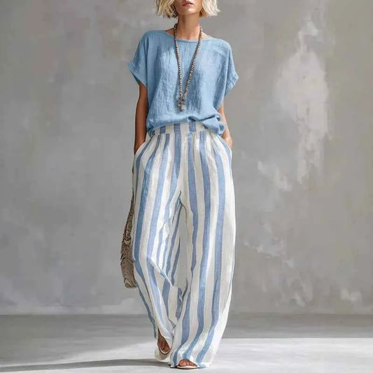 2026 Boho Linen Two Piece Sets Women Casual Short Sleeve Solid Top Striped High Waist Wide Leg Pants Suit Summer Vacation Outfit