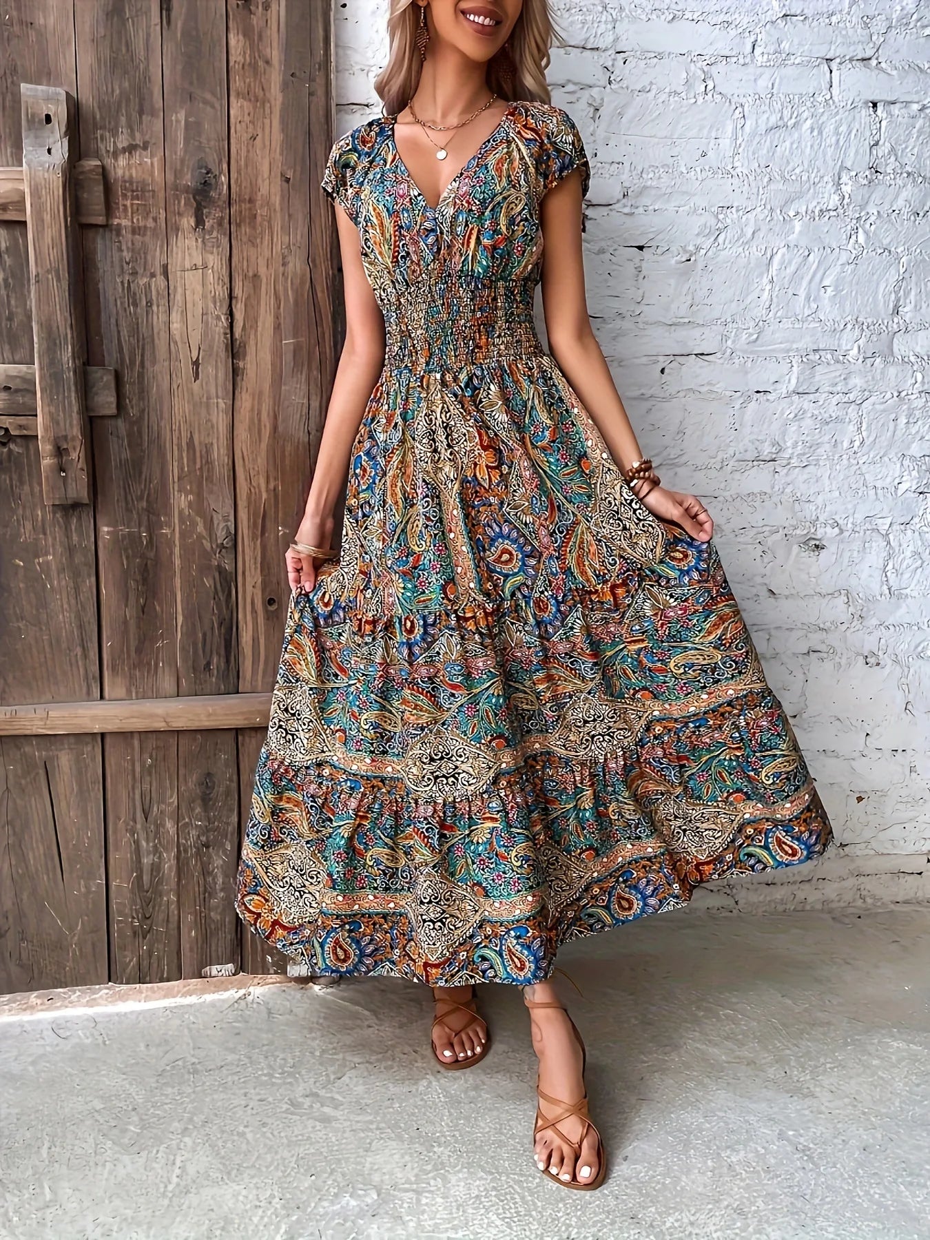 Women's Summer Boho Long Dress Elegant V Neck Short Sleeve Beach Sundress Evening Party Holiday Casual Maxi Dresses Robe Femme