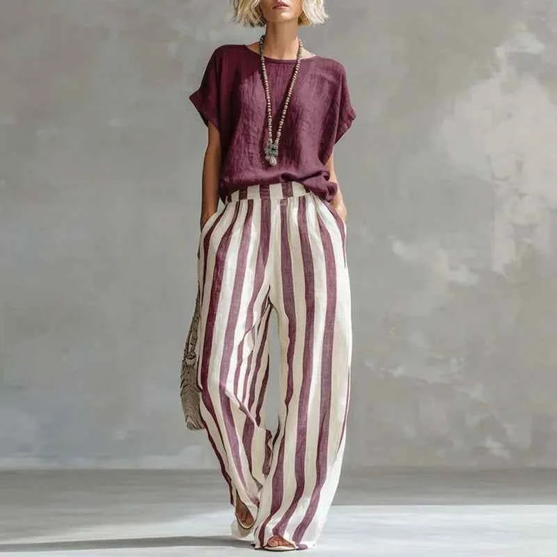 2026 Boho Linen Two Piece Sets Women Casual Short Sleeve Solid Top Striped High Waist Wide Leg Pants Suit Summer Vacation Outfit