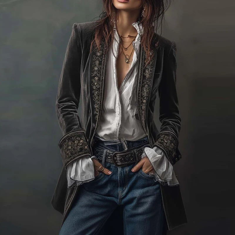 Veste de Blazer Femme en Velours à Imprimé Floral Rétro Ethnique Sexy Col Cranté Slim Manteau Long Manches Longues Automne Hiver