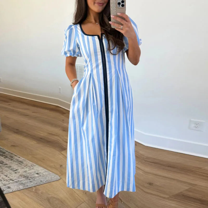 Bohemian Women Striped Print Maxi Dress Square Neck Puff Sleeve Zip Pleated A-Line Dress Casual Summer Pocket Daily Wear Dresses