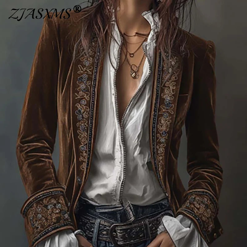 Veste de Blazer Femme en Velours à Imprimé Floral Rétro Ethnique Sexy Col Cranté Slim Manteau Long Manches Longues Automne Hiver