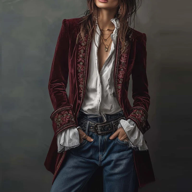 Veste de Blazer Femme en Velours à Imprimé Floral Rétro Ethnique Sexy Col Cranté Slim Manteau Long Manches Longues Automne Hiver