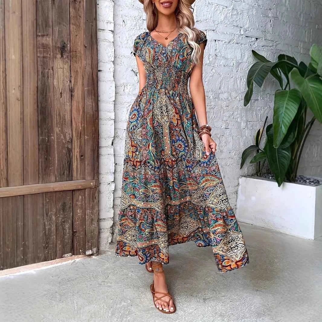 Women's Summer Boho Long Dress Elegant V Neck Short Sleeve Beach Sundress Evening Party Holiday Casual Maxi Dresses Robe Femme