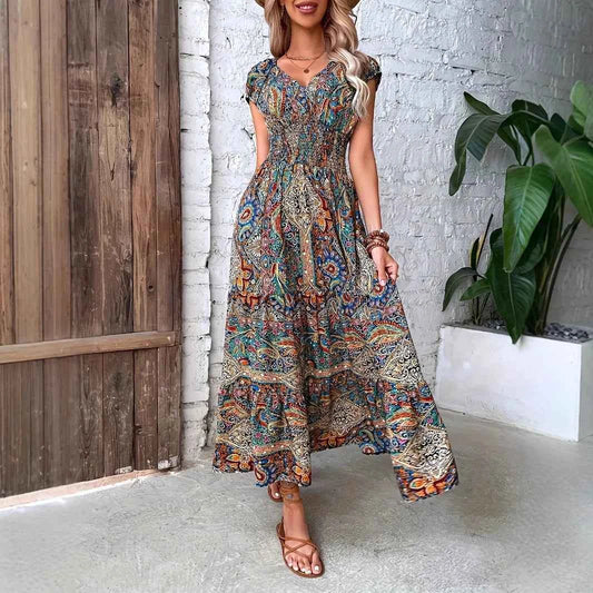 Women's Summer Boho Long Dress Elegant V Neck Short Sleeve Beach Sundress Evening Party Holiday Casual Maxi Dresses Robe Femme