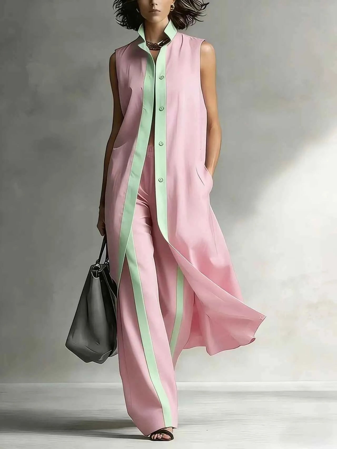 Elegant Lapel Button Shirt and Long Pants Two Piece Set Casual Sleeveless Hollow Holiday Suit Fashion Color Blocked Women Outfit