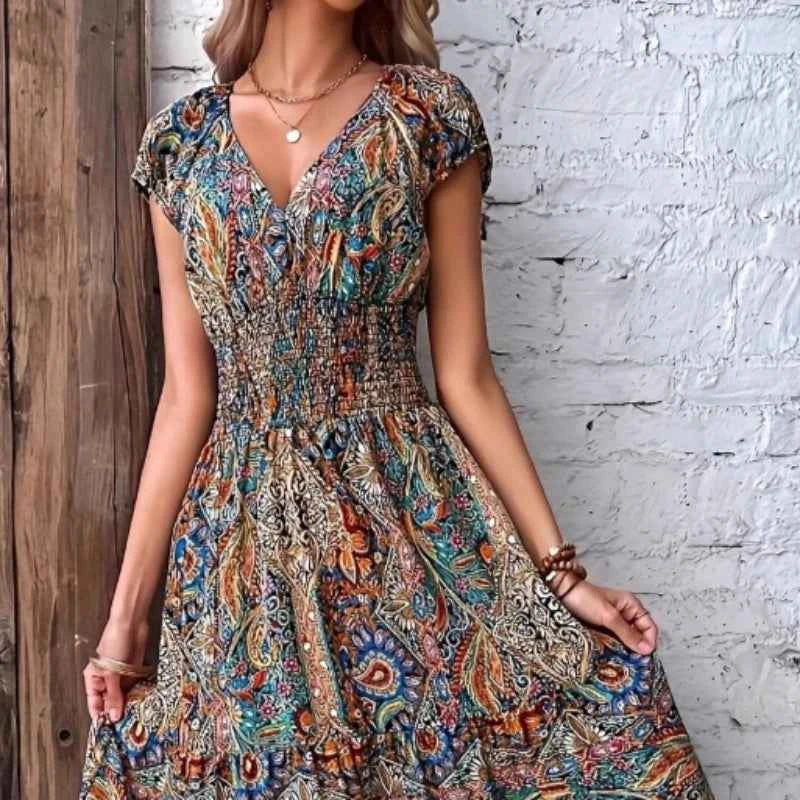 Women's Summer Boho Long Dress Elegant V Neck Short Sleeve Beach Sundress Evening Party Holiday Casual Maxi Dresses Robe Femme