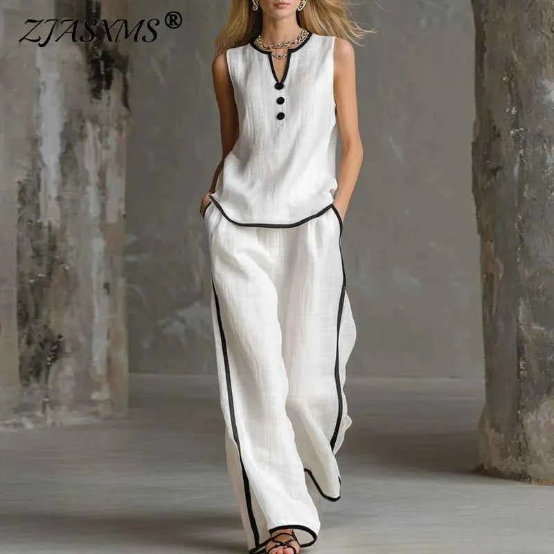 Spring Contrast Trim 2 Piece Sets Woman Elegant V Neck Button Top & Wide Leg Pants Outfits Summer Sleeveless Beach Vacation Suit